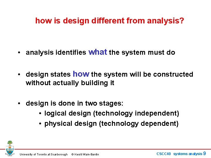 how is design different from analysis? • analysis identifies what the system must do how is design different from analysis? • analysis identifies what the system must do