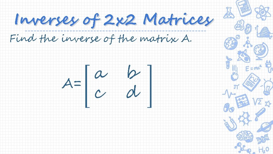Inverses of 2 x 2 Matrices Find the inverse of the matrix A. A=
