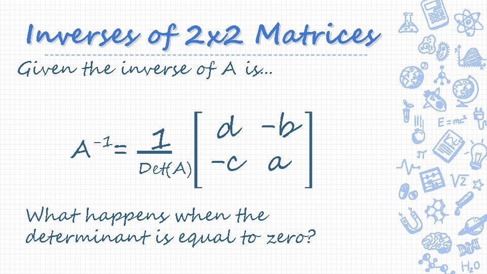 Inverses of 2 x 2 Matrices Given the inverse of A is. . .
