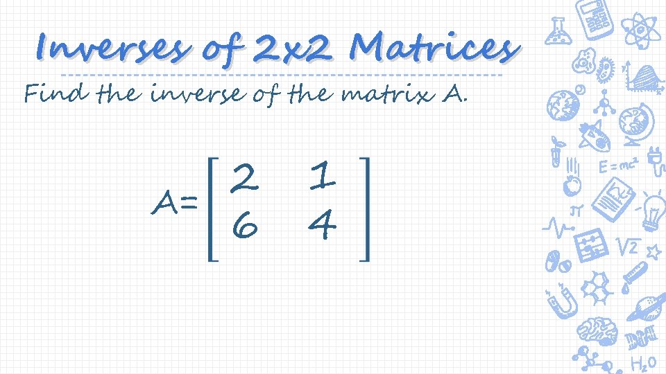 Inverses of 2 x 2 Matrices Find the inverse of the matrix A. A=