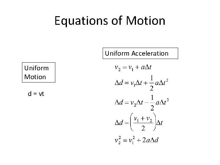 Equations of Motion Uniform Acceleration Uniform Motion d = vt 