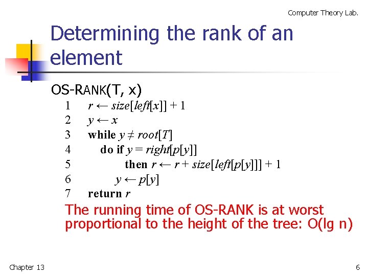 Computer Theory Lab. Determining the rank of an element OS-RANK(T, x) 1 2 3