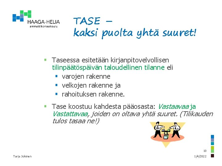 TASE – kaksi puolta yhtä suuret! § Taseessa esitetään kirjanpitovelvollisen tilinpäätöspäivän taloudellinen tilanne eli