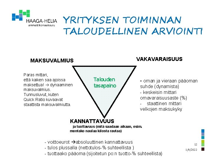 YRITYKSEN TOIMINNAN TALOUDELLINEN ARVIOINTI VAKAVARAISUUS MAKSUVALMIUS Paras mittari, että kaiken saa ajoissa maksettua! dynaaminen