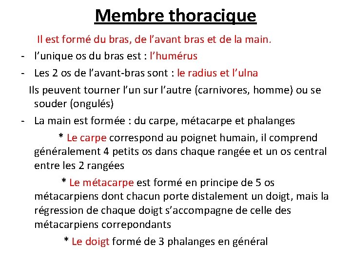 Membre thoracique Il est formé du bras, de l’avant bras et de la main.