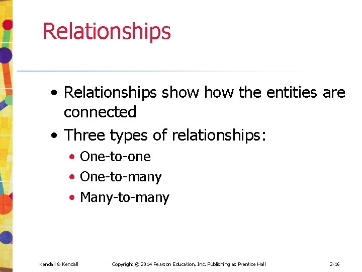 Relationships • Relationships show the entities are connected • Three types of relationships: •