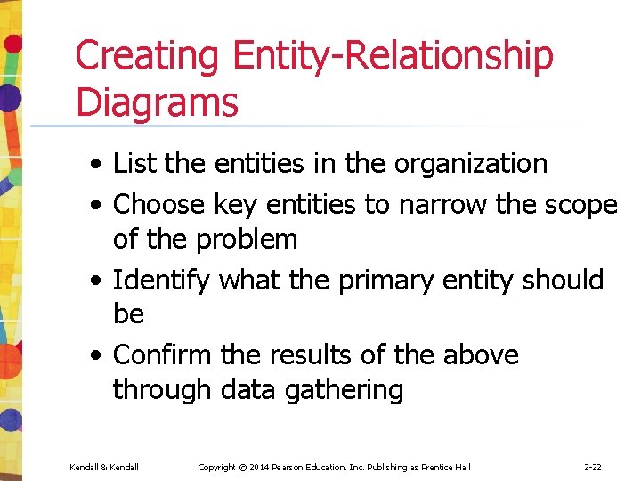 Creating Entity-Relationship Diagrams • List the entities in the organization • Choose key entities