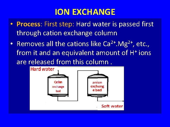 ION EXCHANGE • Process: First step: Hard water is passed first through cation exchange