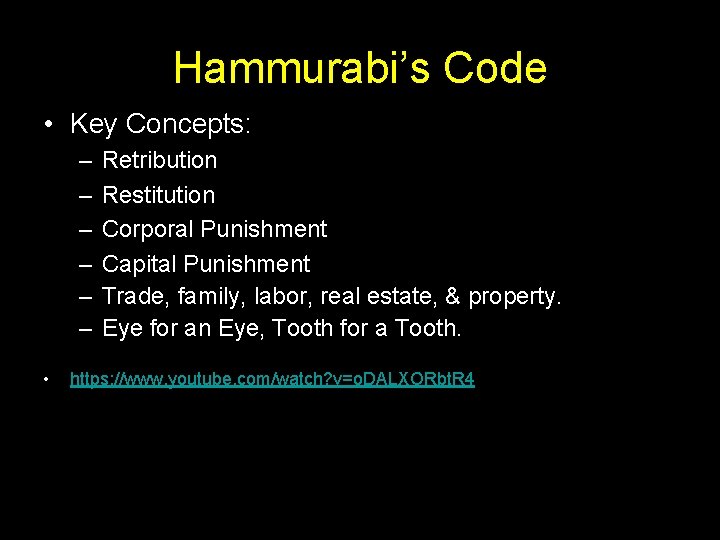 Hammurabi’s Code • Key Concepts: – – – • Retribution Restitution Corporal Punishment Capital