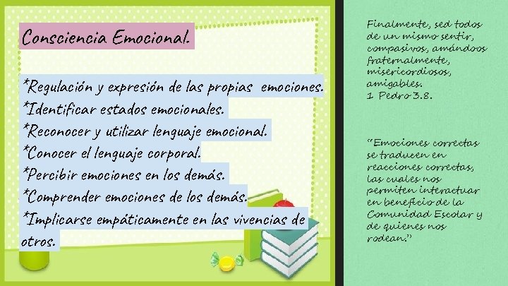 Consciencia Emocional. *Regulación y expresión de las propias emociones. *Identificar estados emocionales. *Reconocer y