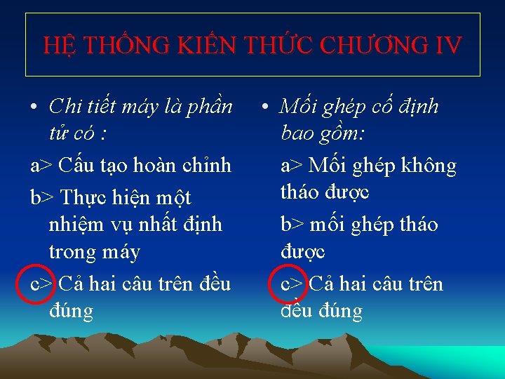 HỆ THỐNG KIẾN THỨC CHƯƠNG IV • Chi tiết máy là phần tử có