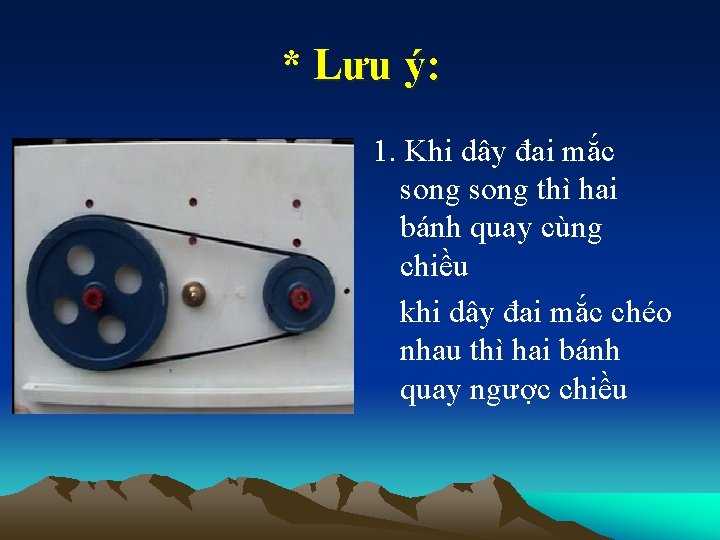 * Lưu ý: 1. Khi dây đai mắc song thì hai bánh quay cùng