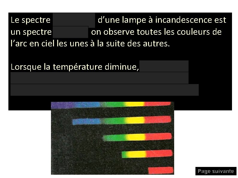 Le spectre d'émission d’une lampe à incandescence est un spectre continu : on observe Le spectre d'émission d’une lampe à incandescence est un spectre continu : on observe