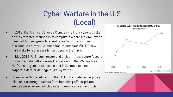 Cyber Warfare in the U. S (Local) ● In 2012, the Aramco Services Company