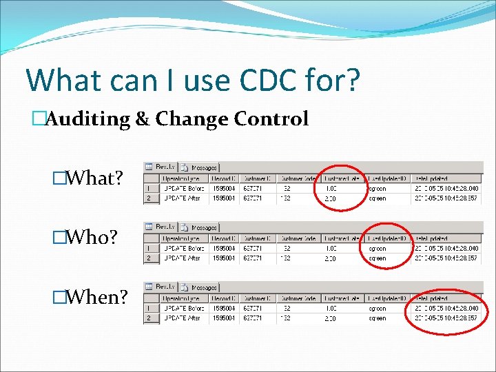 What can I use CDC for? �Auditing & Change Control �What? �Who? �When? 