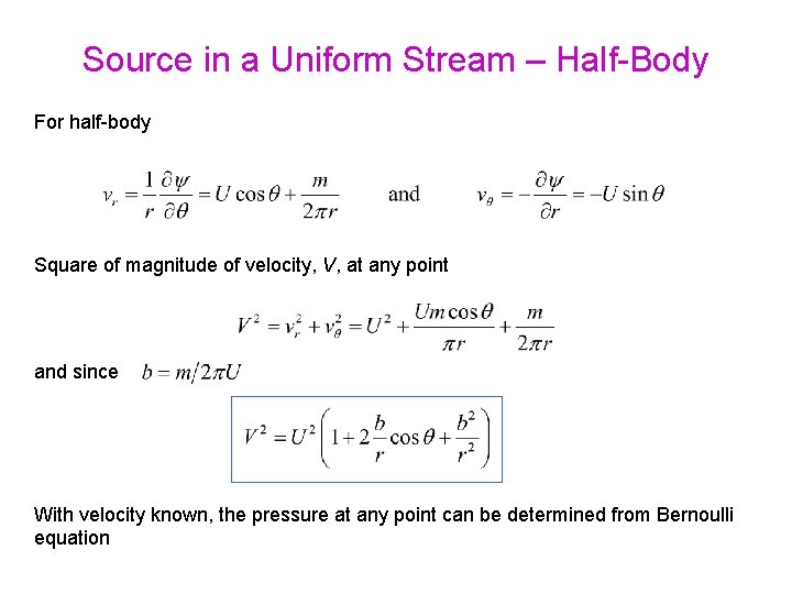 Source in a Uniform Stream – Half-Body For half-body Square of magnitude of velocity,