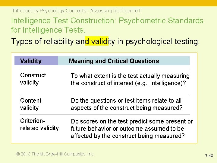 Introductory Psychology Concepts : Assessing Intelligence II Intelligence Test Construction: Psychometric Standards for Intelligence