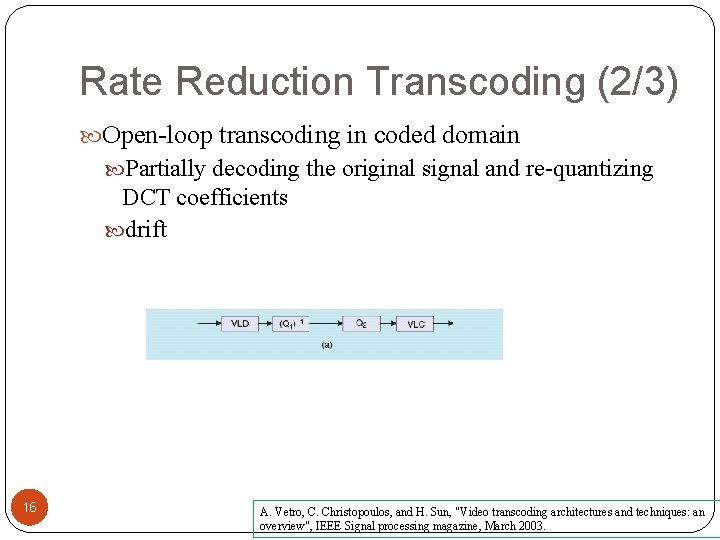 Rate Reduction Transcoding (2/3) Open-loop transcoding in coded domain Partially decoding the original signal