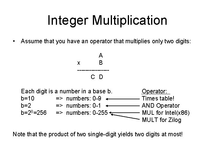 Integer Multiplication • Assume that you have an operator that multiplies only two digits: Integer Multiplication • Assume that you have an operator that multiplies only two digits: