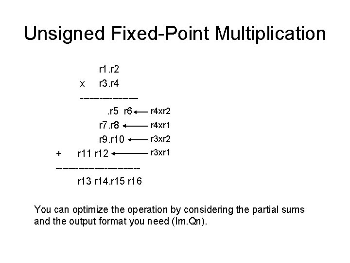 Unsigned Fixed-Point Multiplication r 1. r 2 x r 3. r 4 ---------. r Unsigned Fixed-Point Multiplication r 1. r 2 x r 3. r 4 ---------. r