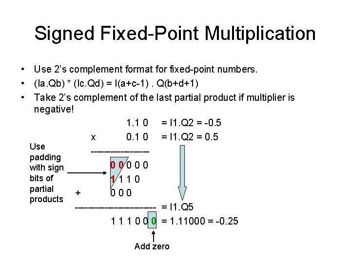 Signed Fixed-Point Multiplication • Use 2’s complement format for fixed-point numbers. • (Ia. Qb) Signed Fixed-Point Multiplication • Use 2’s complement format for fixed-point numbers. • (Ia. Qb)