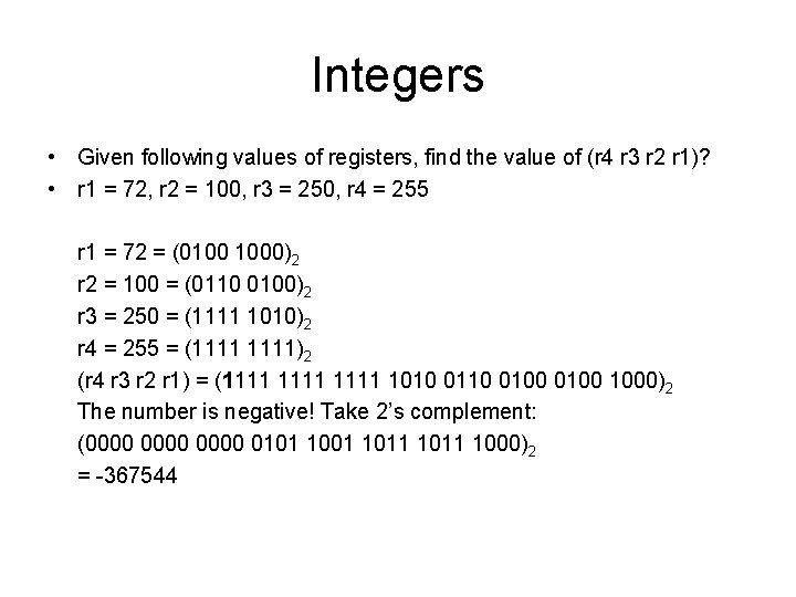 Integers • Given following values of registers, find the value of (r 4 r Integers • Given following values of registers, find the value of (r 4 r