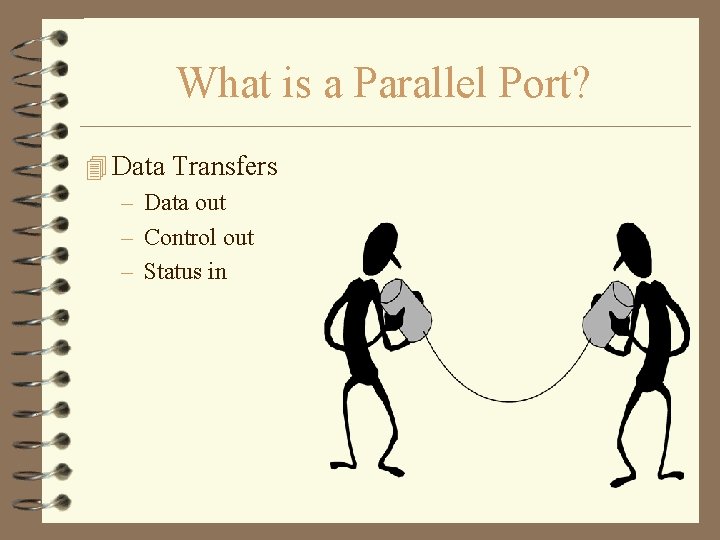 What is a Parallel Port? 4 Data Transfers – Data out – Control out