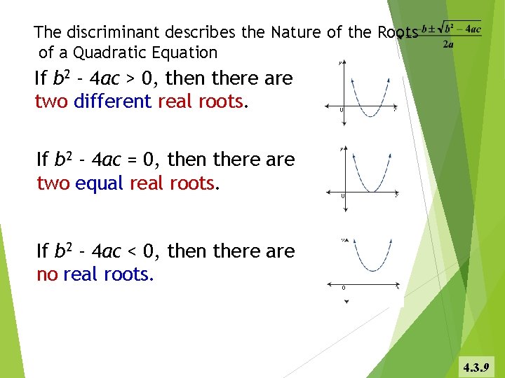 The discriminant describes the Nature of the Roots of a Quadratic Equation If b