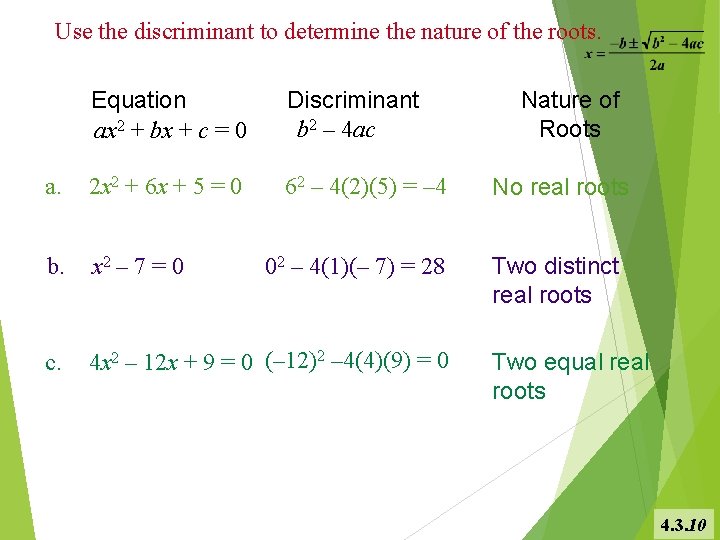 Use the discriminant to determine the nature of the roots. Equation ax 2 +