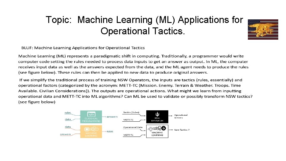 Topic: Machine Learning (ML) Applications for Operational Tactics. 