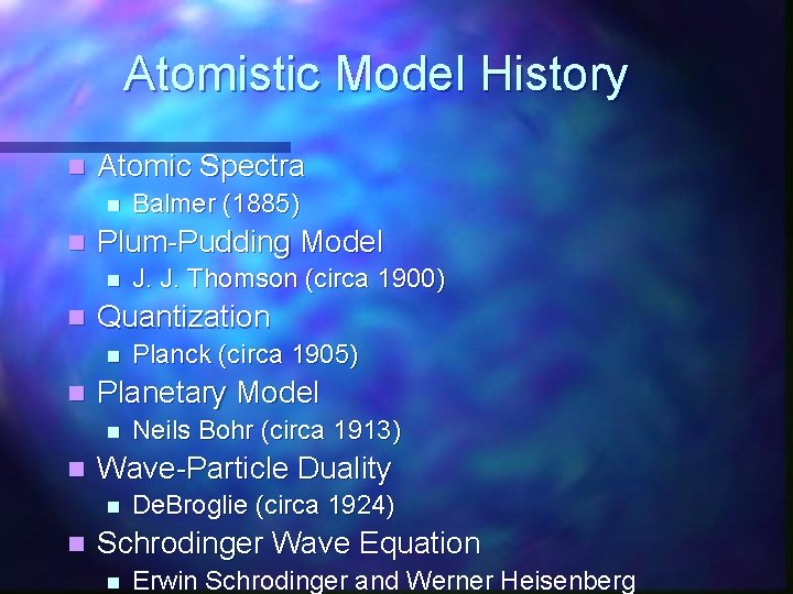 Atomistic Model History n Atomic Spectra n n Plum-Pudding Model n n Neils Bohr