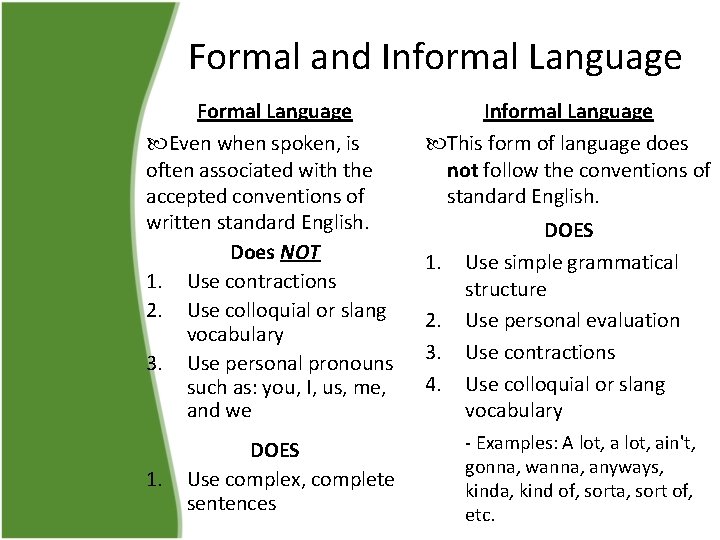 Formal and Informal Language Formal Language Even when spoken, is often associated with the