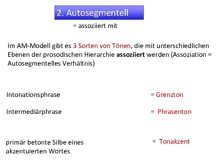 2. Autosegmentell = assoziiert mit Im AM-Modell gibt es 3 Sorten von Tönen, die