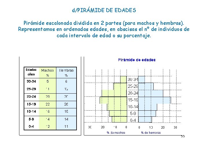 d/PIRÁMIDE DE EDADES Pirámide escalonada dividida en 2 partes (para machos y hembras). Representamos