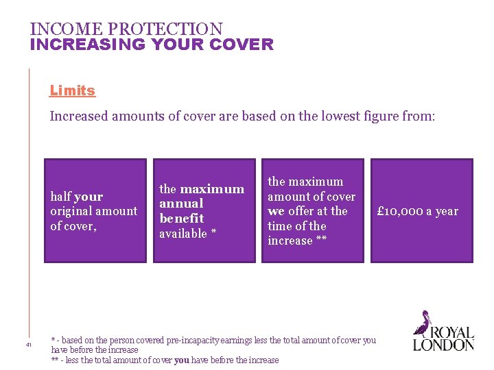 INCOME PROTECTION INCREASING YOUR COVER Limits Increased amounts of cover are based on the