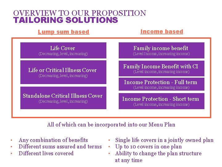 OVERVIEW TO OUR PROPOSITION TAILORING SOLUTIONS Lump sum based Income based Life Cover Family