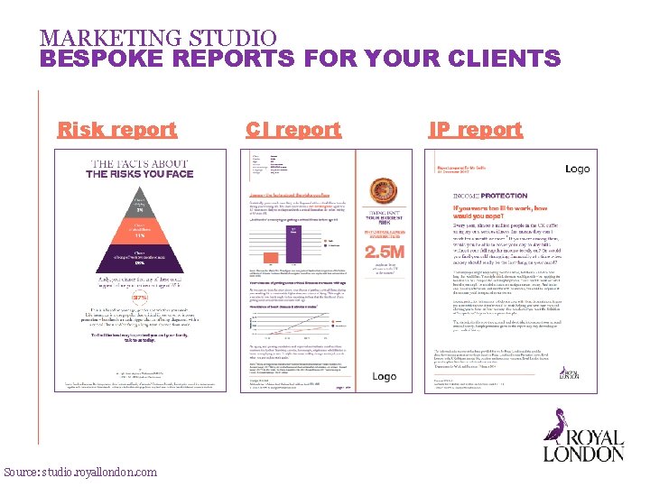 MARKETING STUDIO BESPOKE REPORTS FOR YOUR CLIENTS Risk report Source: studio. royallondon. com CI