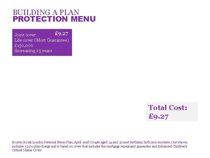 BUILDING A PLAN PROTECTION MENU £ 9. 27 Joint cover Life cover (Mort Guarantee)