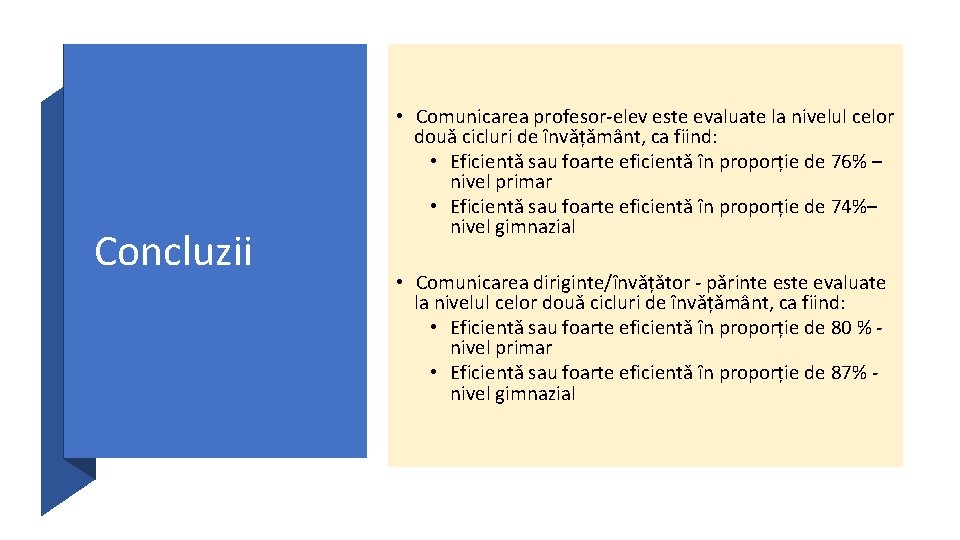 Concluzii • Comunicarea profesor-elev este evaluate la nivelul celor două cicluri de învățământ, ca