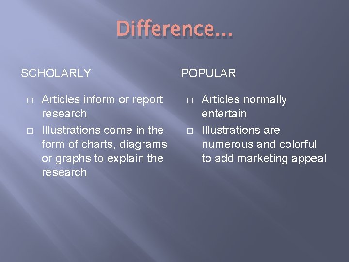 Difference. . . SCHOLARLY � � Articles inform or report research Illustrations come in