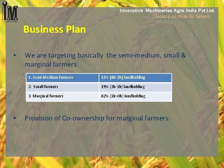 Innovative Machineries Agro India Pvt Ltd. Thinking solutions for farmers Business Plan • •