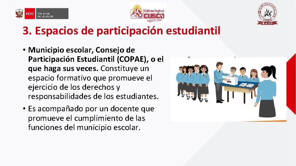 3. Espacios de participación estudiantil • Municipio escolar, Consejo de Participación Estudiantil (COPAE), o