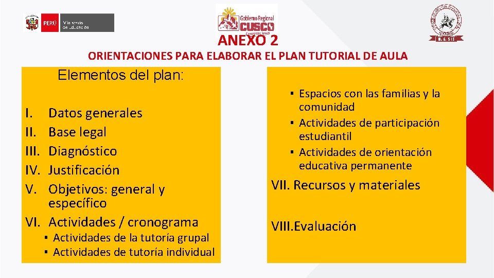 ANEXO 2 ORIENTACIONES PARA ELABORAR EL PLAN TUTORIAL DE AULA Elementos del plan: I.