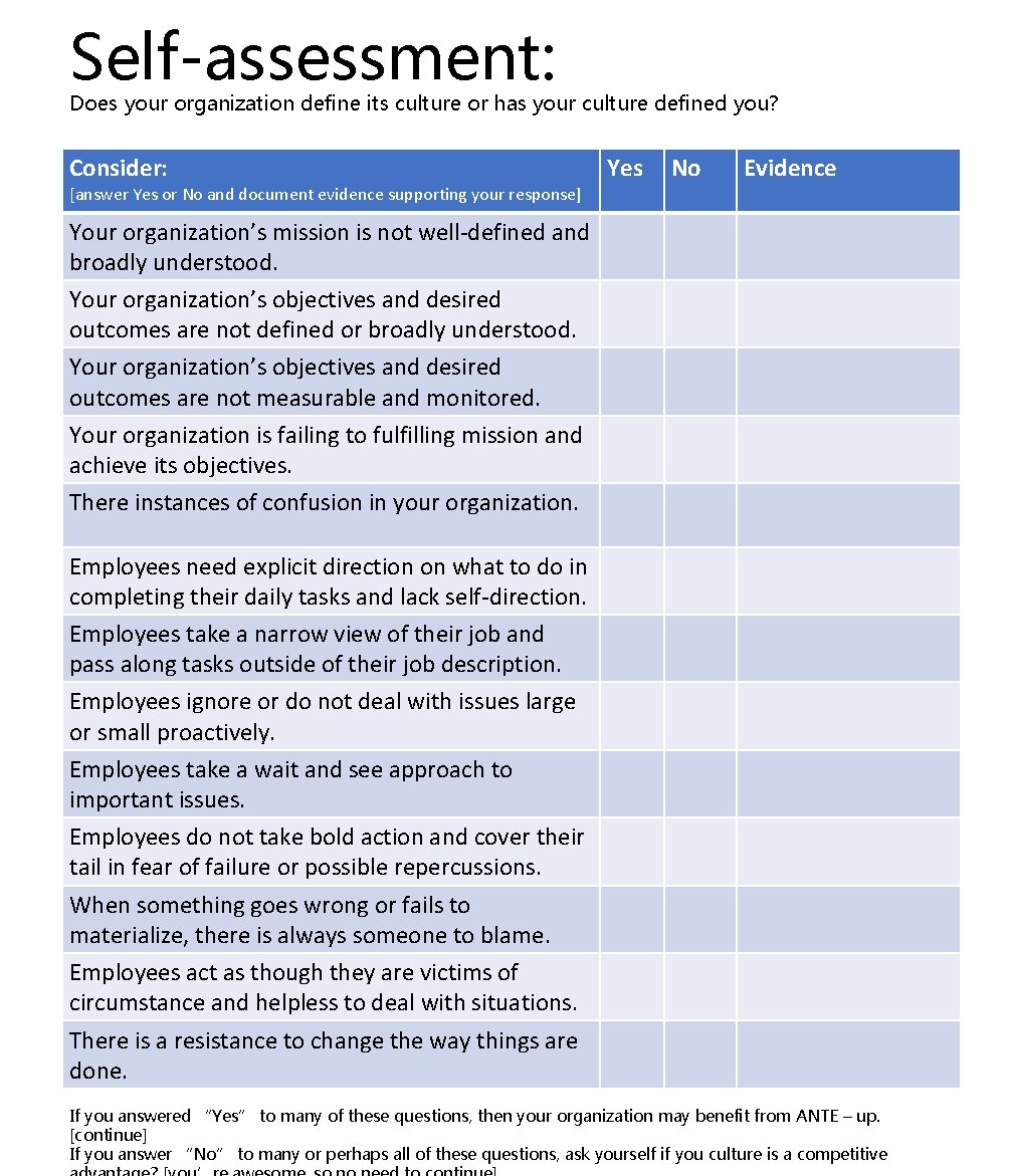 Self-assessment: Does your organization define its culture or has your culture defined you? Consider: Self-assessment: Does your organization define its culture or has your culture defined you? Consider: