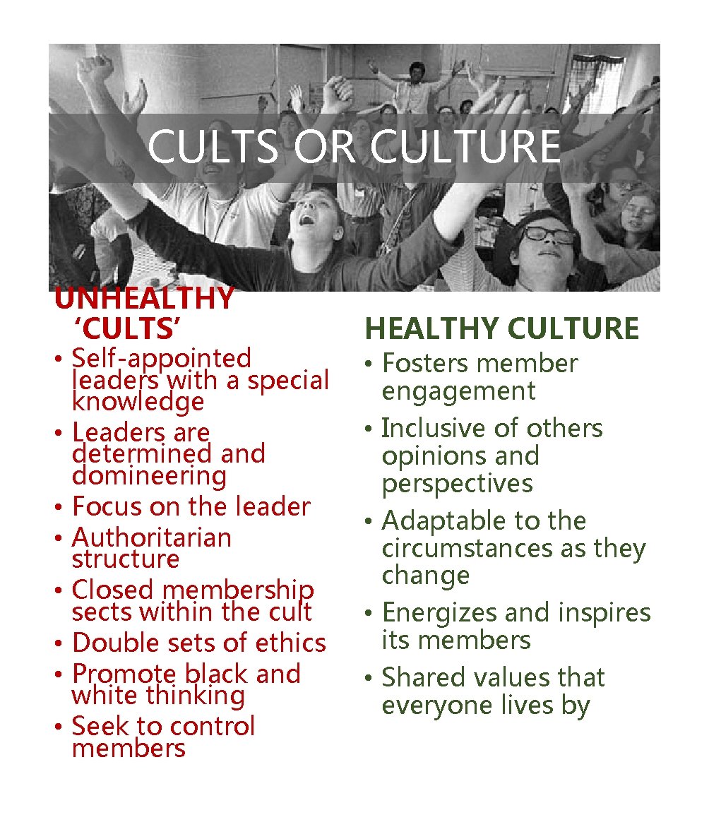 CULTS OR CULTURE UNHEALTHY ‘CULTS’ • Self-appointed leaders with a special knowledge • Leaders CULTS OR CULTURE UNHEALTHY ‘CULTS’ • Self-appointed leaders with a special knowledge • Leaders