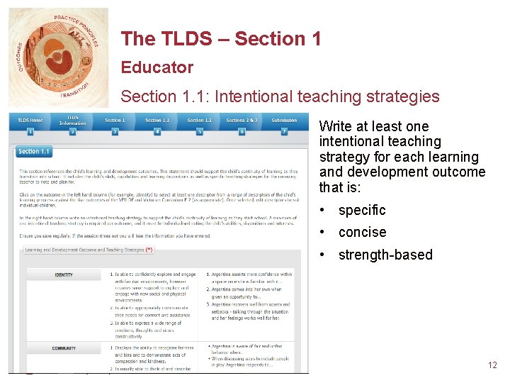 The TLDS – Section 1 Educator Section 1. 1: Intentional teaching strategies Write at