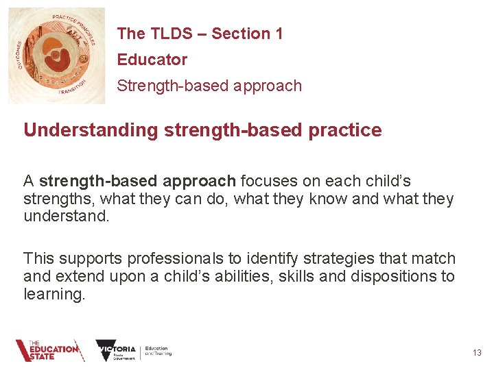 The TLDS – Section 1 Educator Strength-based approach Understanding strength-based practice A strength-based approach