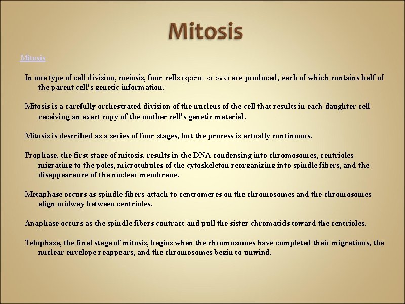 Mitosis In one type of cell division, meiosis, four cells (sperm or ova) are