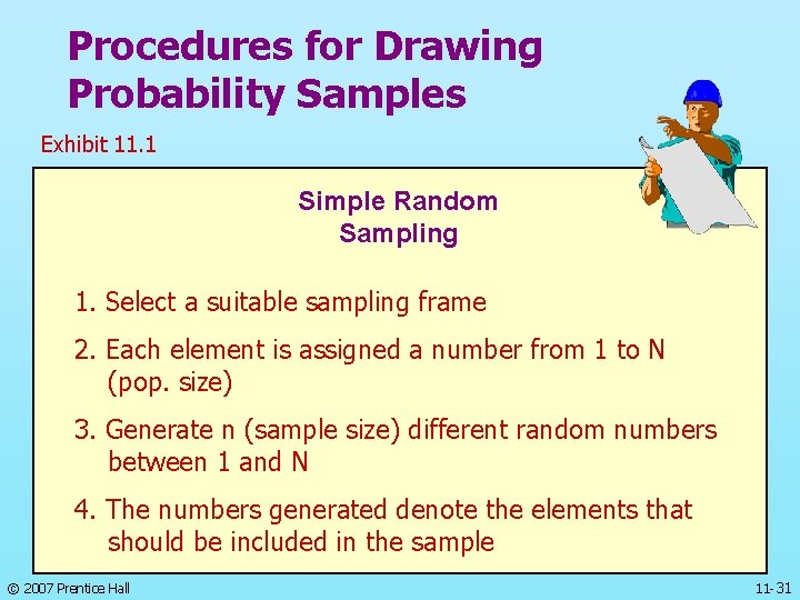 Procedures for Drawing Probability Samples Exhibit 11. 1 Simple Random Sampling 1. Select a