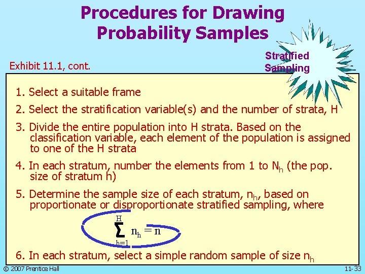 Procedures for Drawing Probability Samples Stratified Sampling Exhibit 11. 1, cont. 1. Select a